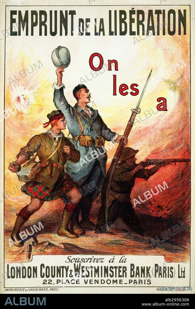 French World War One propaganda poster, issued to commutate British French Alliance. Dated 1917.