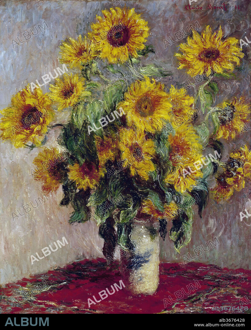 Bouquet of Sunflowers. Artist: Claude Monet (French, Paris 1840-1926 Giverny). Dimensions: 39 3/4 x 32 in. (101 x 81.3 cm). Date: 1881.
In November 1888, Van Gogh wrote: "Gauguin was telling me the other day--that he'd seen a painting by Claude Monet of sunflowers in a large Japanese vase, very fine. But--he likes mine better. I'm not of that opinion." Critics had earlier praised the "brio and daring" of Monet's technique when he showed this still life, depicting sunflowers that grew along the pathway to his garden at Vétheuil, at the 1882 Impressionist exhibition.