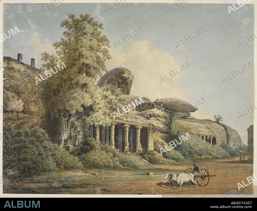 JOHN GANTZ. The Krishna Mandapa cave, Mahabalipuram. Inscribed: â€˜S E View of Krishnaâ€™s Choutry Mahabalipoorum. J. Gantzâ€™.   . â€˜S E View of Krishnaâ€™s Choutry Mahabalipoorum.'. c.1825. Watercolour. Source: WD 4209.