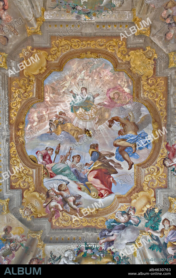Genova, Palazzo Rosso (già Brignole Sale), Sala della Vita Umana: particolare centrale della volta con "Allegoria della Vita Umana"; affreschi di Giovanni Andrea Carlone, 1691 - 92, con (in senso orario dall'alto): Sapienza, Astronomia, Crono, Parche, Giustizia.