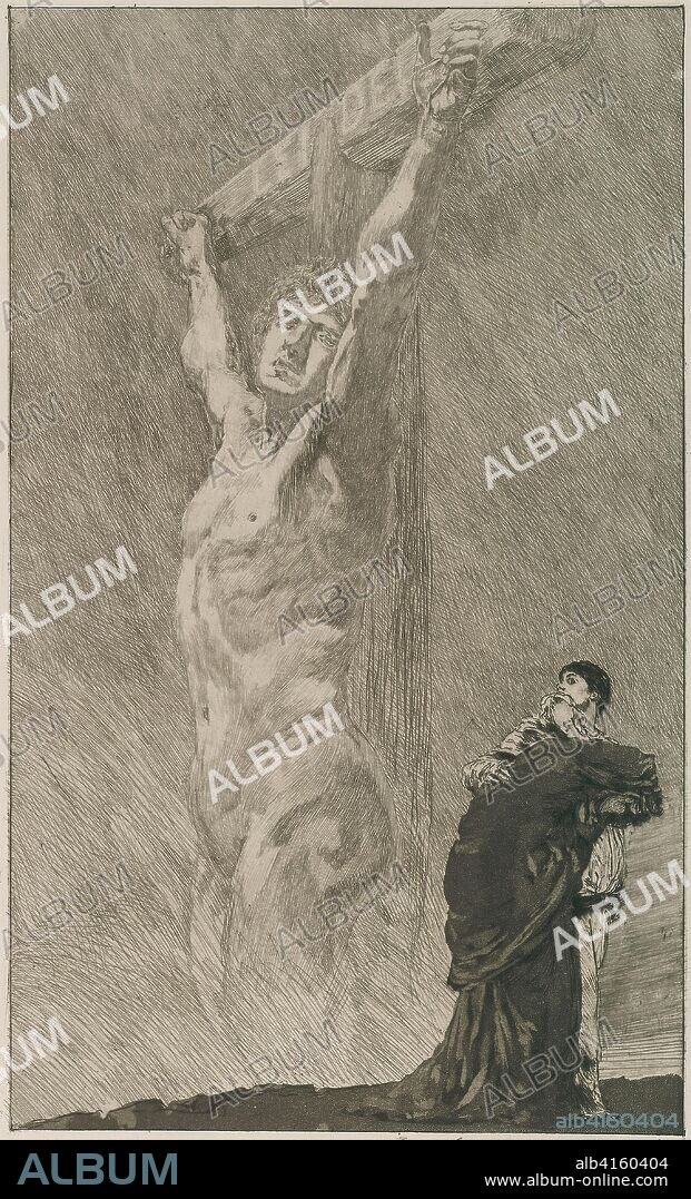 Suffer!, plate fourteen from A Life. Max Klinger (German, 1857-1920); printed by Otto Felsing (German, 19th century). Date: 1883-1884. Dimensions: 272 x 164 mm (image); 295 x 205 mm (plate); 285 x 200 mm (primary support); 628 x 458 mm (secondary support). Etching, aquatint and drypoint in black ink on grayish ivory wove paper, laid down on cream laid plate paper (chine collé). Origin: Germany.
