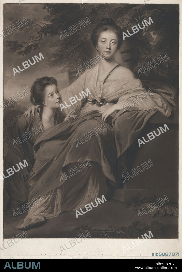 Lady Elizabeth and Lady Henrietta Montagu, Print made by Henry Hoppner Meyer, ca. 17821847, British, Sir Joshua Reynolds RA, 17231792, British, 1812, Mezzotint on thick, moderately textured, cream, wove paper, Sheet: 20 1/2 × 14 7/16 inches (52.1 × 36.7 cm), Plate: 19 3/4 × 13 3/4 inches (50.2 × 34.9 cm), and Image: 18 7/16 × 13 3/4 inches (46.8 × 34.9 cm).