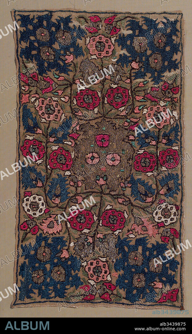 Panel, 18th century, Attributed to Algeria, Linen, silk; embroidered, 12.5 in. high 7.00 in. wide (31.75 cm high 17.78 cm wide), Textiles-Embroidered, Although Algeria had a centuries-long tradition of embroidery, it, like many other regions of the Ottoman empire, adopted patterns from Istanbul during the Ottoman occupation. But Algerian embroideries remained distinct from other Mediterranean types in color and stitch, and the province continued to produce mainly headdresses and headbands for which it was known throughout the empire.