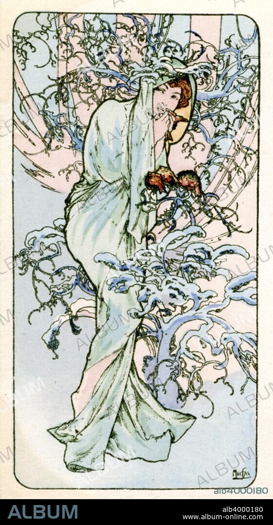 ALPHONSE MUCHA. 'Winter', 1900. A woman in a green hooded dress.