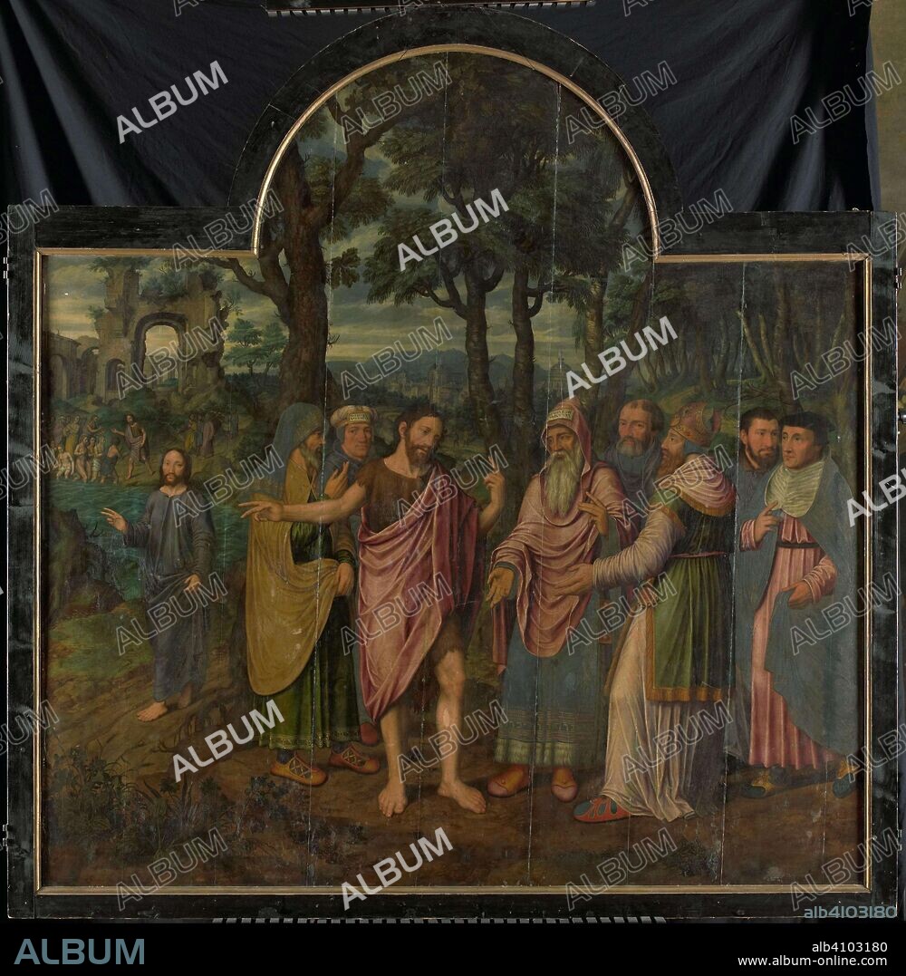 ANONYMOUS (REJECTED ATTRIBUTION) and JAN VAN CONINXLOO (II). John the Baptist admonishes the Pharisees, central panel of a triptych. Dating: 1557. Place: Southern Netherlands. Measurements: h 208.5 cm × w 201.5 cm × d 7.5 cm.