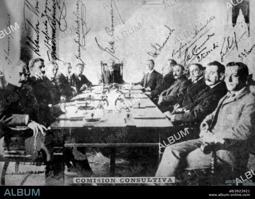 Advisory Committee, 1908 (c1910). Charles Edward Magoon (1861-1920) appoints an Advisory Law Commission to study legislative matters. The Commission consists of 9 Cubans and 3 Americans. Colonel Enoch Herbert Crowder serves as presiding officer. Magoon was an American lawyer, judge, diplomat, and administrator. He was also governor of the Panama Canal Zone, Minister to Panama, and an occupation governor of Cuba. As a legal advisor working for the United States Department of War, he drafted recommendations and reports which were used in governing the United States' new territories following the Spanish-American War. Cigar card from the History of Cuba, Geografico Universal, Propaganda de los Cigarros Susini y La Corona, Tabacalera Cubana.
