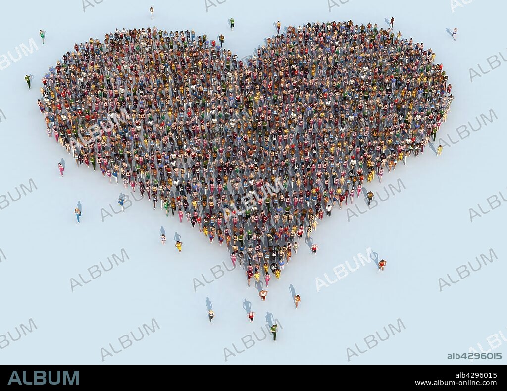 Crowd of people running forming heart shape.
