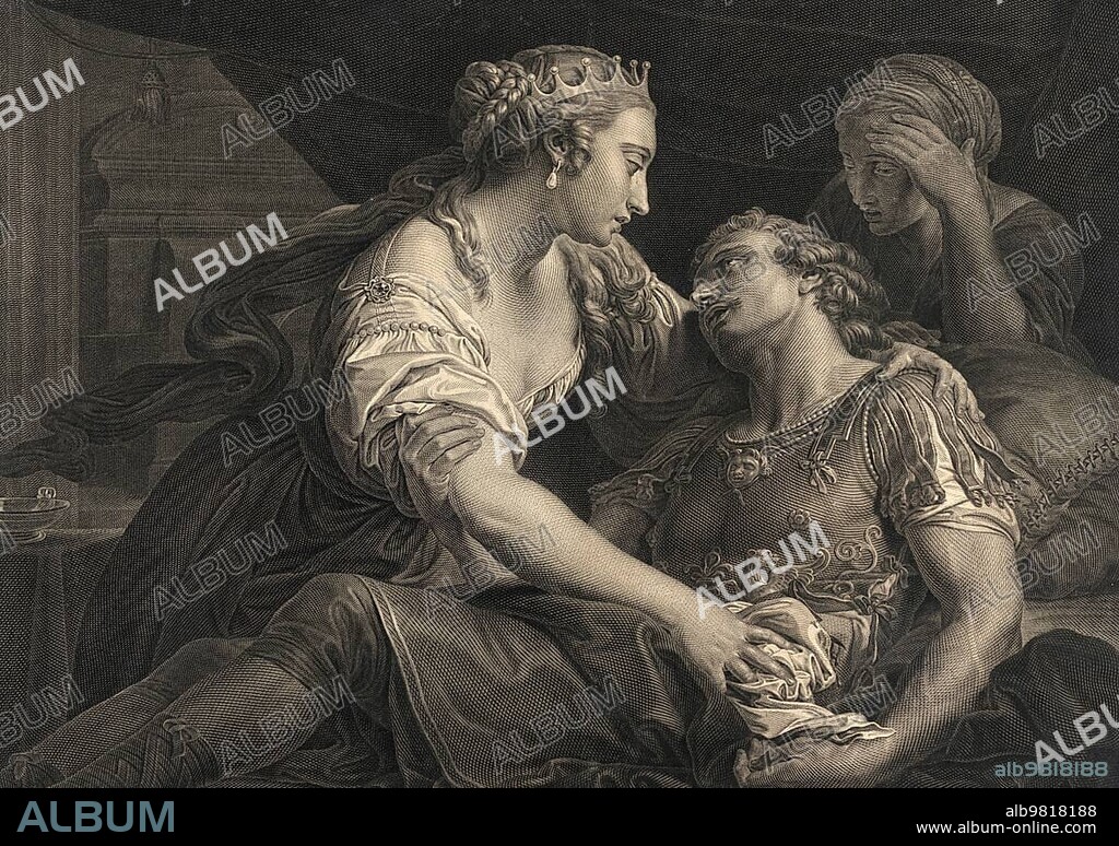 The Death of Marcus Antonius with Cleopatra, Pharaohess Cleopatra VII born 69 BC, died 12 August 30 BC, ruled Egypt as the last queen of the Macedonian-Greek dynasty of the Ptolemies from 51 BC to 30 BC, Marcus Antonius, was a Roman politician and general, Historical, digitally restored reproduction from an original of the period
