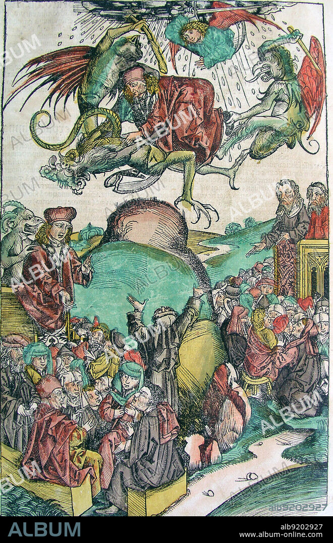 Woodcut of Apocalypse (CCLXII verso). The Nuremberg Chronicle is an illustrated Biblical paraphrase and world history that follows the story of human history related in the Bible; it includes the histories of a number of important Western cities. Written in Latin by Hartmann Schedel, with a version in German translation by Georg Alt, it appeared in 1493. It is one of the best documented early printed book, an incunabulum, and one of the first to successfully integrate illustrations and text. In the Book of Revelation, the last book of the New Testament, the revelation which John receives is that of the ultimate victory of good over evil and the end of the present age, and that is the primary meaning of the term, one that dates to 1175.