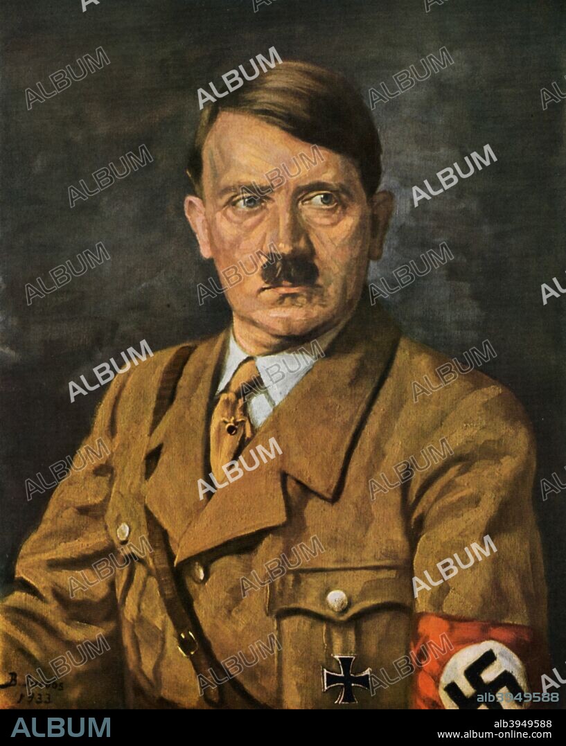 Portrait of Adolf Hitler, 1933. Adolf Hitler (1889-1945) became leader of the National Socialist German Workers (Nazi) party in 1921. After an unsuccessful coup attempt in Munich in 1923, for which he was briefly imprisoned, Hitler set about pursuing power by democratic means. His nationalistic and anti-semitic message quickly gained support in a Germany humiliated by defeat in World War I and the harsh terms of the Treaty of Versailles and, from the late 1920s, suffering from economic collapse. Hitler came to power in 1933, and persuaded the Reichstag (parliament) to grant him dictatorial powers. He proceeded to crush opposition both within his own party and throughout German society, and set about re-arming Germany. Hitler's aggressive policy of territorial expansion to secure 'lebensraum' (living space) for the German people eventually plunged the world into the Second World War. A print from Adolf Hitler. Bilder aus dem Leben des Führers, Hamburg: Cigaretten/Bilderdienst Hamburg/Bahrenfeld, 1936.