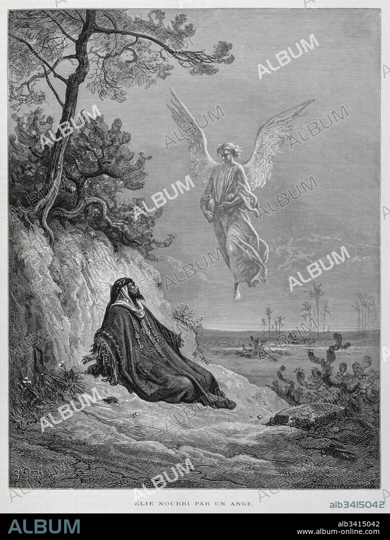 Elijah nourished by an Angel., Illustration from the Dore Bible 1866. In 1866, the French artist and illustrator Gustave Dore (1832–1883), published a series of 241 wood engravings for a new deluxe edition of the 1843 French translation of the Vulgate Bible, popularly known as the Bible de Tours. This new edition was known as La Grande Bible de Tours and its illustrations were immensely successful. 1 Kings 19:5-8 KJV And as he lay and slept under a juniper tree, behold, then an angel touched him, and said unto him, Arise and eat. (6) And he looked, and, behold, there was a cake baked on the coals, and a cruse of water at his head. And he did eat and drink,.