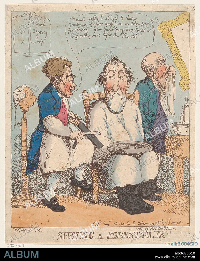 Shaving a Forestaller. Artist: Thomas Rowlandson (British, London 1757-1827 London); After George Moutard Woodward (British, ca. 1760-1809 London). Dimensions: Sheet (trimmed): 11 1/4 × 9 1/16 in. (28.6 × 23 cm). Publisher: Rudolph Ackermann, London (active 1794-1829). Date: August 15, 1800.