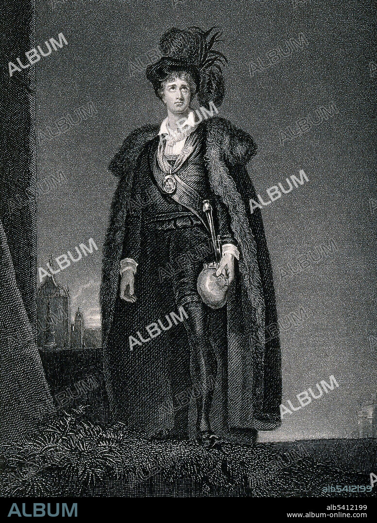 John Philip Kemble (1757-1823), English actor, in the role of William Shakespeare's Hamlet in the late 1700s. Hamlet is shown at the grave of Yorick with Yorick's skull in his hand (Act 5, Scene 1). Engraving after a painting by Sir Thomas Lawrence.