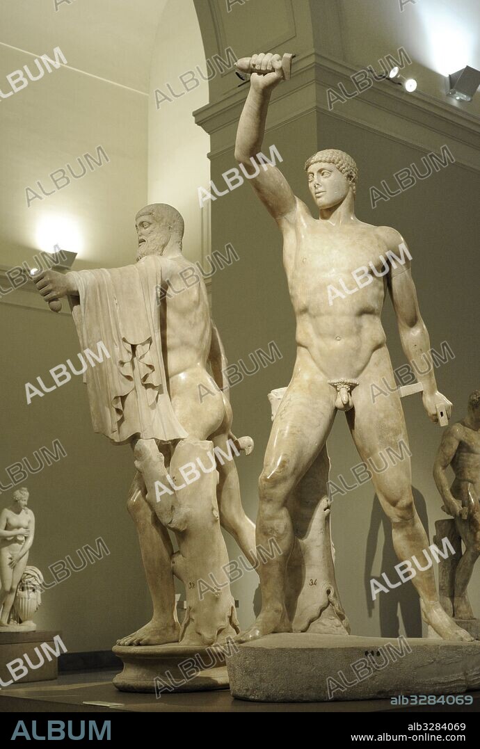 Harmodius and Aristogeiton, known as the Tyrannicides group. 2nd century AD, from a Greek original of the early classical period. National Archaeological Museum, Naples. Italy.