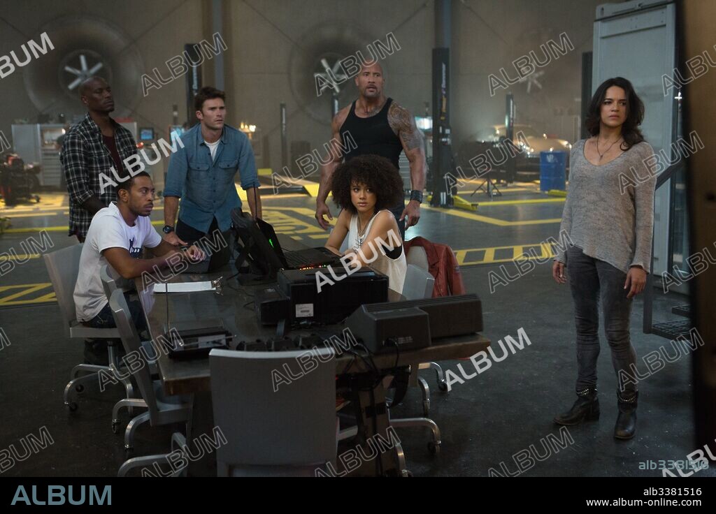 CHRIS "LUDACRIS" BRIDGES, SCOTT EASTWOOD, NATHALIE EMMANUEL, TYRESE GIBSON and MICHELLE RODRIGUEZ. LUDACRIS, MICHELLE RODRIGUEZ, NATHALIE EMMANUEL, SCOTT EASTWOOD and TYRESE GIBSON in FAST & FURIOUS 8, 2017, directed by F. GARY GRAY. Copyright ITACA FILMS/ONE RACE FILMS/ORIGINAL FILM.