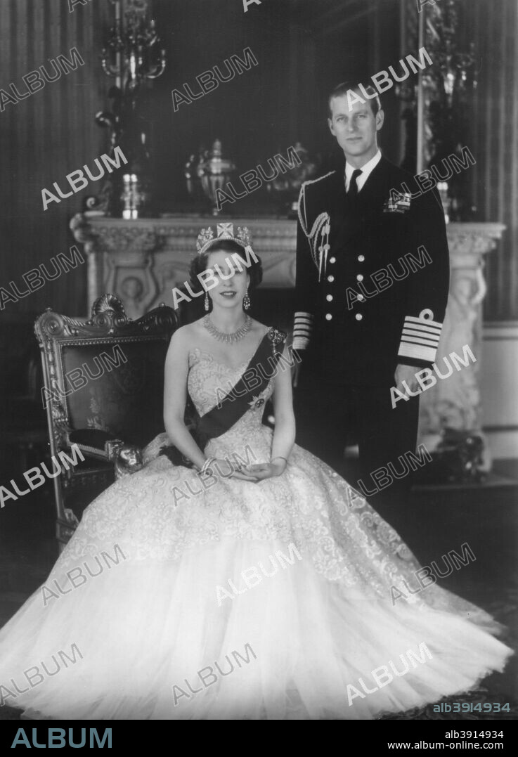 STERLING HENRY NAHUM BARON. HM Queen Elizabeth II and HRH Duke of Edinburgh at Buckingham Palace, 12th March 1953. The Queen is shown wearing the Diamond Diadem, the sash, badge and star of the Order of the Garter, and the Greville Chandelier earrings.