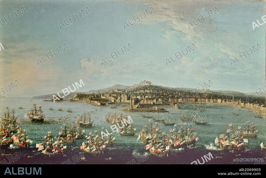 Antonio Joli / 'Partida de Carlos de Borbón a España, vista desde el mar', 1759, Escuela Italiana, Óleo sobre Lienzo, 127,5 cm x 204,8 cm, P00233.