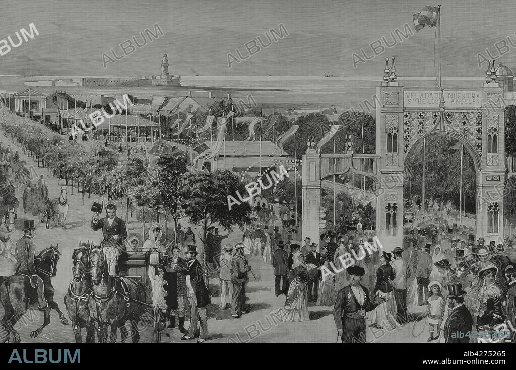BERNARDO RICO (1825-1894). SPANISH ENGRAVER.. España. Andalucía. Cádiz. El Paseo de Las Delicias, durante la festividad "La Velada de Nuestra Señora de los Angeles", celebrada la primera quincena de agosto. Grabado por Bernardo Rico. La Ilustración Española y Americana, 15 de agosto de 1882.