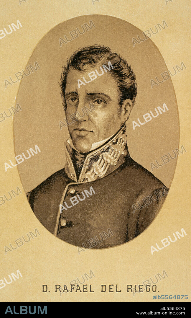 Rafael del Riego (1784-1823). Spanish general and liberal politician, who played a key role in the outbreak of the Liberal Triennium. Portrait. Engraving. "Historia de la Revolución Española (desde la Guerra de la Independencia a la Restauración en Sagunto), by Vicente Blasco Ibáñez. Volume I. Published in Barcelona, 1890.
