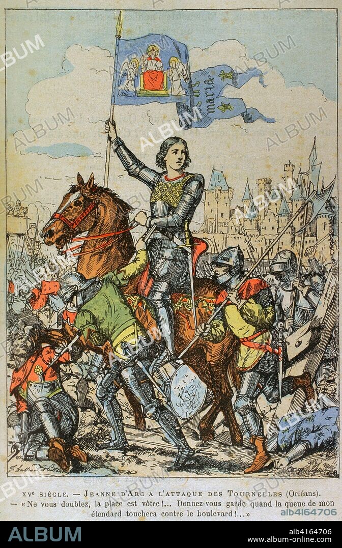 Guerra de los Cien Años. Sitio de Orleans (12 de octubre de 1428 al 8 de mayo de 1429) en el que participó Santa Juana de Arcos (1412-1431) "la Doncella de Orleans", con victoria francesa. Ilustración a color de la "Armeé Française, Nos Soldats" (Ejército Francés, Nuestros Soldados). Autor, Eugene Hennebert (1826-1896). París, h. 1890. llustraciones firmadas por Hussenot y Palladre. Biblioteca Histórico Militar de Barcelona, Cataluña, España.