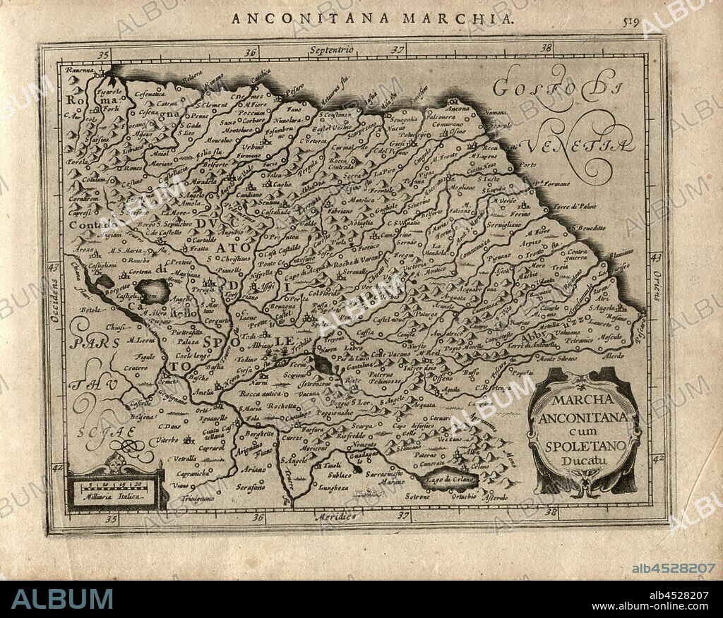 March Ancona Duchy of Spoleto, Map of the Ancona and Spoleto region, Fig. 110, p. 519, Gerhard Mercator, Jodocus Hondius, Jansson: Atlas minor Gerardi Mercatoris. Amsterodami: ex officina Ioannis Ianssonii, MDCXXXIIII [1634].