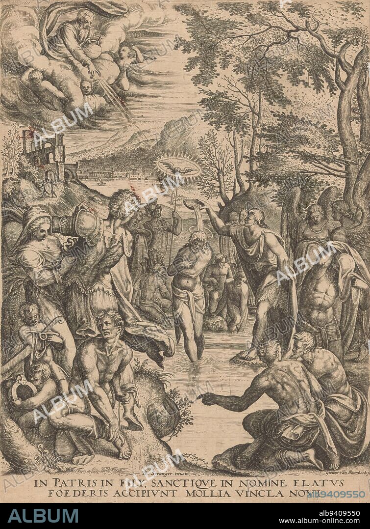 Baptism of Christ, Christ with arms crossed on chest is baptized by John the Baptist in the river Jordan. God the Father, holding an imperial appliance, allows Holy Spirit to descend on Christ in the form of a dove. In the foreground left, a figure prepares to be baptized by removing his sandals and a soldier is helped out of his armor. On the right, two angels and a figure drying off after baptism., print maker: Egidius Horbeck, (mentioned on object), after design by: Bartholomeus Spranger, (mentioned on object), Northern Netherlands, 1582 - 1586, paper, engraving, height 280 mm × width 210 mm.