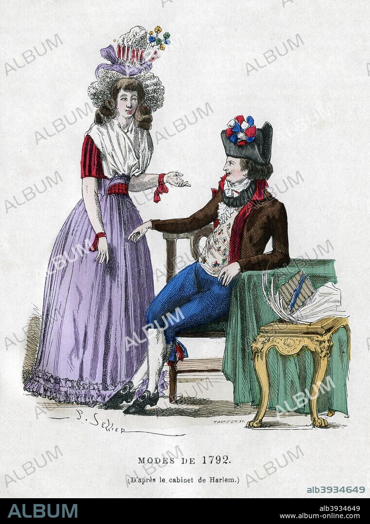 Fashion of 1792, (1882-1884). A print from La France et les Français à Travers les Siècles, Volume IV, F Roy editor, A Challamel, Saint-Antoine, 1882-1884.