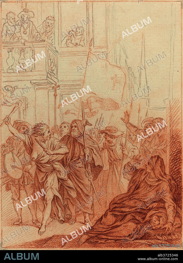 HUBERT FRANÇOIS GRAVELOT. Mayenne qui de loin voit leur folle Entreprise... Dimensions: overall (approximate): 27.5 x 20.1 cm (10 13/16 x 7 15/16 in.). Medium: red chalk and graphite on laid paper.