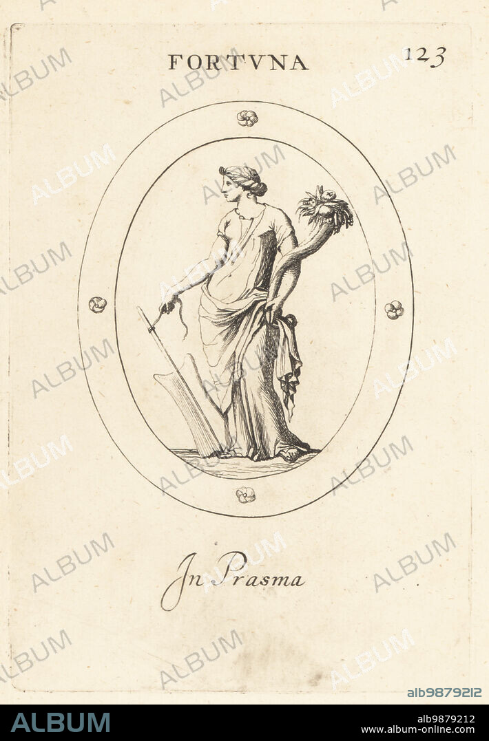 Figure of Fortuna, Roman goddess of luck and fortune, with gubernaculum or ship's rudder and a cornucopia or horn of plenty. Fortuna. In plasma. Fortuna. In prasma. Copperplate engraving by Giovanni Battista Galestruzzi after Leonardo Agostini from Gemmae et Sculpturae Antiquae Depicti ab Leonardo Augustino Senesi, Abraham Blooteling, Amsterdam, 1685.