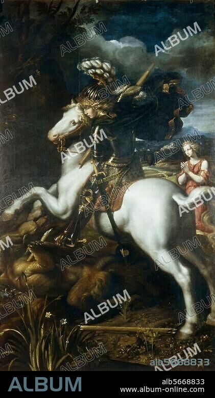 BATTISTA DOSSI. Dossi, Dosso, origin. Giovanni di Luteri, c. 1489 - c. 1542, and Dossi, Battista, origin. Battista di Luteri, c. 1493/95 - 1548. "St. George", c. 1540. Oil on canvas, 206 × 121cm. Dresden, Gemäldegalerie, Alte Meister.