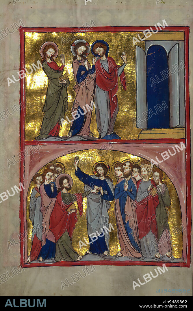 Homilary, Christ Meeting Two Disciples before the Gate of Emmaus; The Doubting of Thomas, This richly illuminated fourteenth-century German homilary is particularly interesting for its rare bifolium of drawings bound in at the front of the book. The headgear worn by the nuns in the drawings is characteristic of Cistercensian and Premostratensian nuns in northern Germany as early as circa 1320.