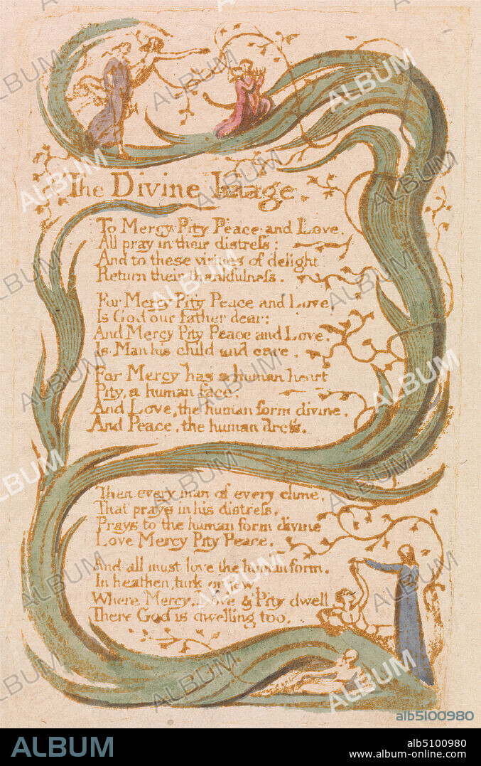Songs of Innocence, Plate 12, 'The Divine Image' (Bentley 18), Print made by William Blake, 17571827, British, 1789, Relief etching printed in brown with pen and black ink and watercolor on moderately thick, slightly textured, cream wove paper, Sheet: 7 1/2 x 5 3/8 inches (19.1 x 13.7 cm), Plate: 4 3/8 x 2 3/4 inches (11.1 x 7 cm), and Plate: 4 1/2 x 2 7/8 inches (11.4 x 7.3 cm), angel, branches, child, children, flowers (plants), leaf, literary theme, men, plant, religious and mythological subject, text, trees, vegetation, vine, women.