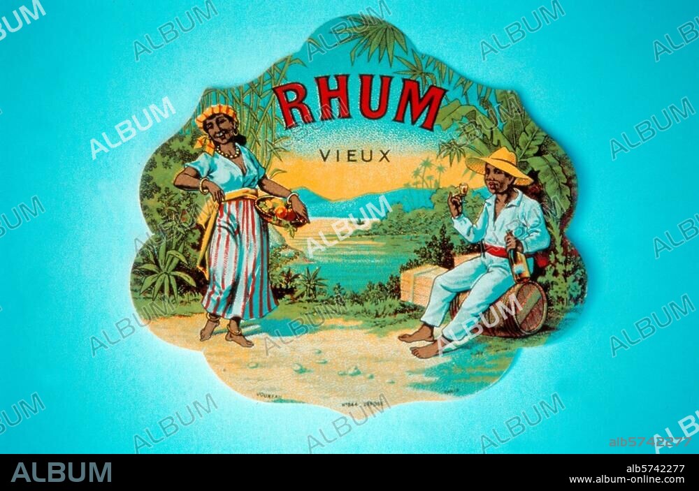 Produits alimentaires et de consommation de luxe / Alcool:. Rhum. "RHUM VIEUX". Étiquette de bouteille. Lithographie française, coul., vers 1900.