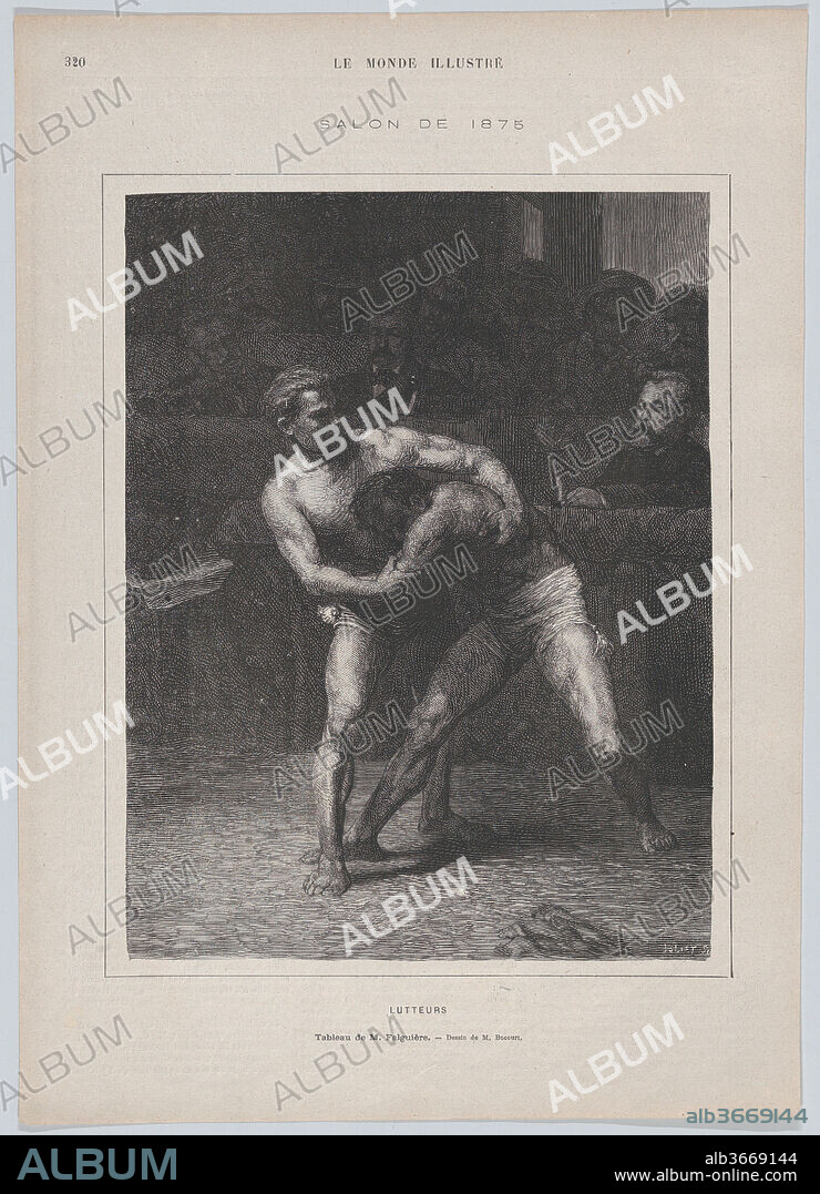 Lutteurs (The Wrestlers), from "Le Monde Illustré". Artist: After Étienne-Gabriel Bocourt (French, born 1821); After Alexandre Falguière (French, Toulouse 1831-1900 Paris). Dimensions: Sheet: 14 3/8 × 10 1/8 in. (36.5 × 25.7 cm). Engraver: Auguste Joliet (French, Paris 1839-1915 Saint Cloud). Date: May 22, 1875.
Falguière had worked mainly as a sculptor--he won the prix de Rome for sculpture in 1859--before submitting Lutteurs, as his first major canvas to the Salon in 1875, earning a second class medal for the work. Critics were split in their opinions of the painting according to their position relative to realism; some saw the subject as unworthy, while others saw it as representative of modern life. This wood engraving published in Le Monde Illustré is representative of how major artworks at the annual Salon circulated visually among a public that may or may not have visited the exhibition in person.