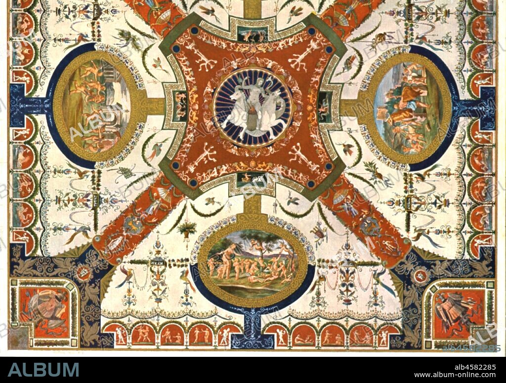 Decoration in the Villa Madama, Rome, Italy, (1928). 'About 1520...Ceiling-painting in the hall of the Villa Madama...(on the Monte Mario, near Rome)...[The villa was] commenced in 1516 under the Cardinal Giulio de' Medici. The hall was painted by Giovanni da Udine about 1520. Part of the designs by Giulio Romano (1499-1546). Most of the scenes are based on late antique authors (Philostratus)'. After a water-colour by Bonk (c1845). Plate LXXXV, fig 175, from "An Encyclopaedia of Colour Decoration from the Earliest Times to the Middle of the XIXth Century" with explanatory text by Helmuth Bossert. [Ernst Wasmuth Ltd., Berlin, 1928].
