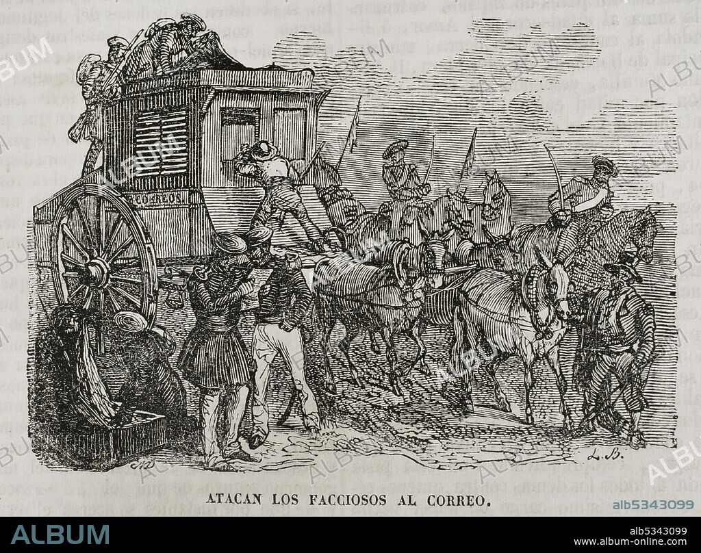 España. Primera Guerra Carlista (1833-1840). Asalto de los carlistas al correo que se dirigía a Vitoria al no llevar escolta militar. Sin tocar la correspondencia robaron el pequeño equipaje de los viajeros y la maleta de certificados, conservando en su poder al conductor, con dos pasajeros, presumiéndose que su propósito era apoderarse de alguna persona que buscaban y conocían estaba de viaje. Grabado. Panorama Español, Crónica Contemporánea. Tomo I. Madrid, 1842.