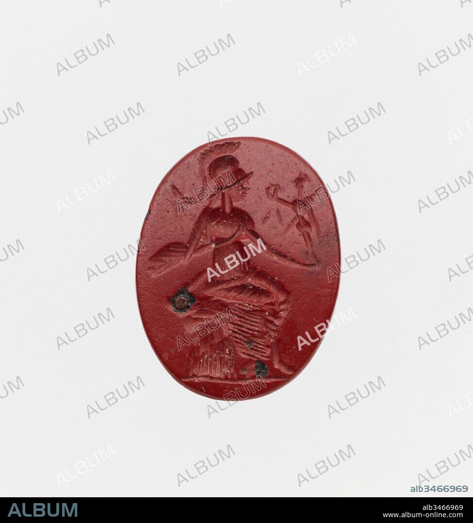 Red jasper ring stone, Late Republican or Imperial, 1st century B.C.–3rd century A.D., Roman, Jasper, red, Length: 3/4 in. (1.9 cm), Gems, Roma seated with figure of Victory in one hand The seated Roma is common on Roman coins from the time of the emperor Nero to the reign of Constantine Chlorus.