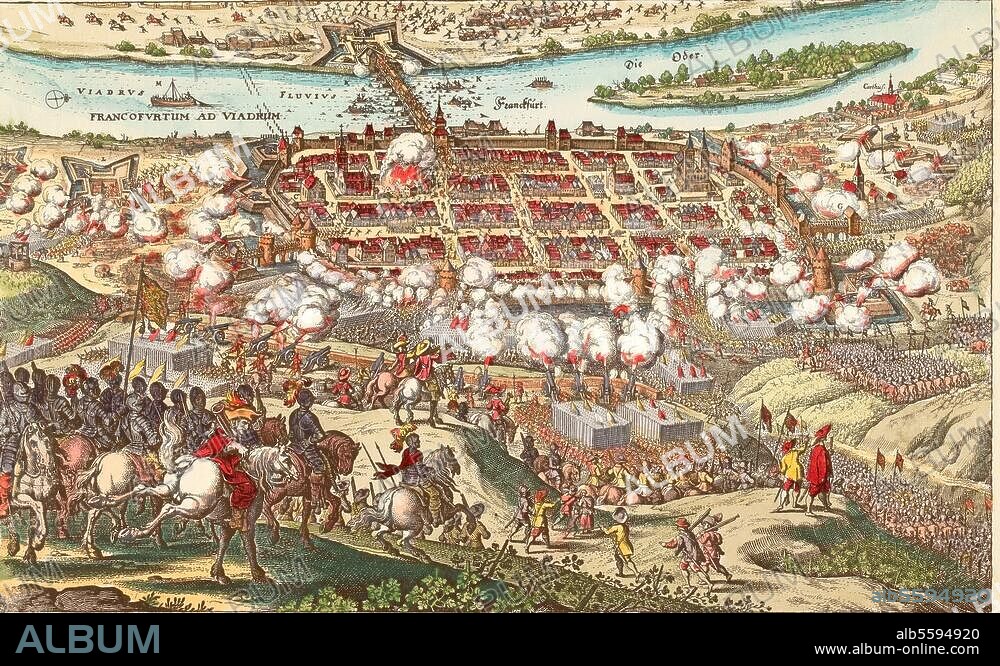 MATTHÄUS MERIAN DER ÄLTERE. Dreißigjähriger Krieg 1618-48:. Eroberung der Stadt Frankfurt an der Oder durch die Schweden unter Gustav Adolf am 3. April 1631. "Belagerung von Frankfurt". Kupferstich, zeitgenössisch, von Matthäus Merian d. Ä. (1593-1650).