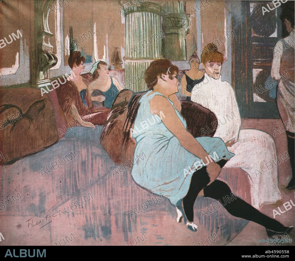 HENRI DE TOULOUSE LAUTREC. 'In the Salon at the Rue des Moulins', 1894, (1952). Sex workers in a Paris brothel on the Rue des Moulins. Painting in the Musée Toulouse-Lautrec, Albi, France. From "Henri De Toulouse-Lautrec" by Douglas Cooper. [Thames and Hudson, London, 1952].