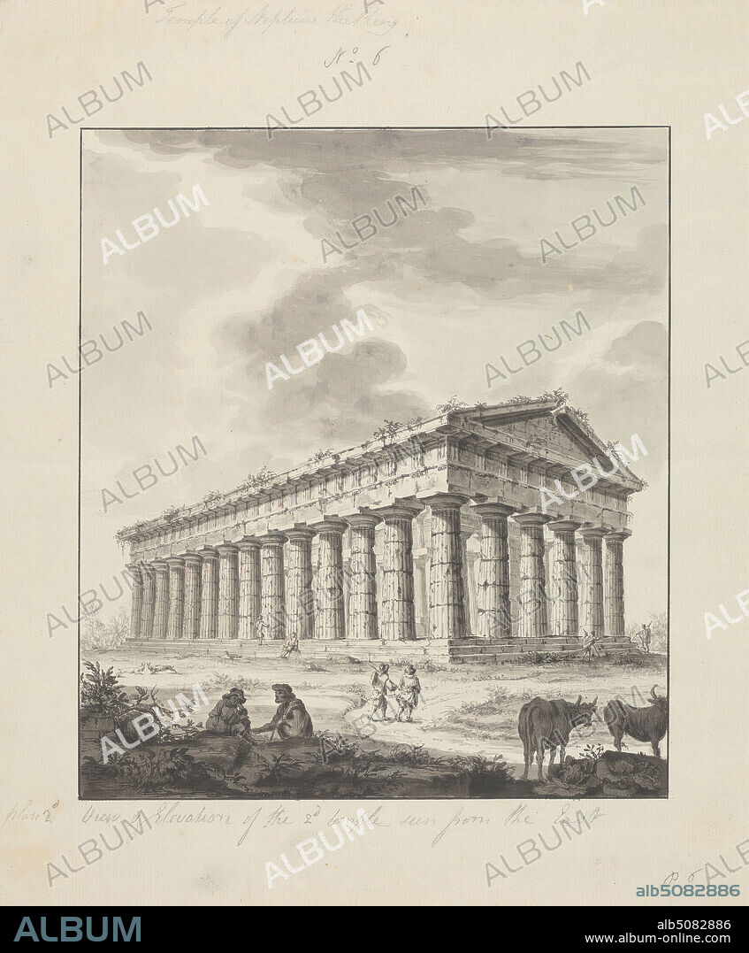 No. 6 Temple of Neptune the King, View and Elevation of the 2nd temple - seen from the east, James Bruce, 17301794, British, undated, Pen and black ink with gray wash over graphite on medium, slightly textured, cream laid paper, Sheet: 14 15/16 x 11 5/8 inches (37.9 x 29.5 cm), architectural subject, cattle, Classical, columns (architectural elements), Doric order, figures (representations), pediments, ruins, temples, Paestum.