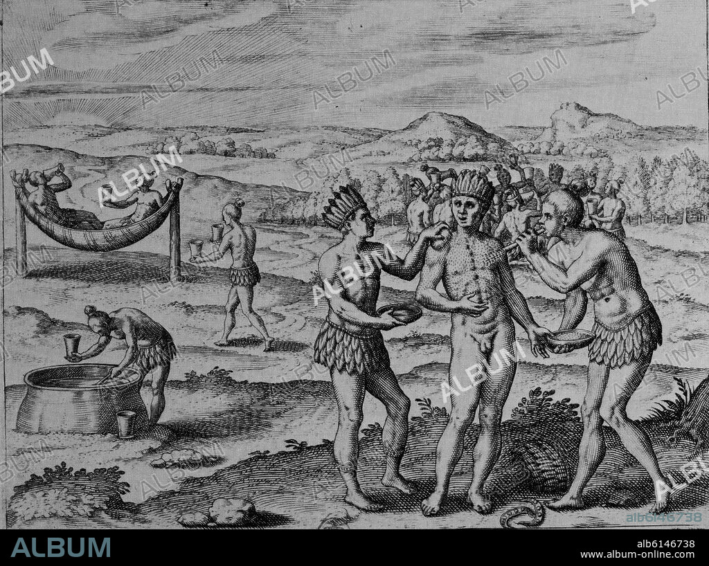 THEODORE BRY (1528-1598). Belgian school. People from Guyana. Engraving from the 'Grands Voyages' collection. 1590. Madrid, National library.