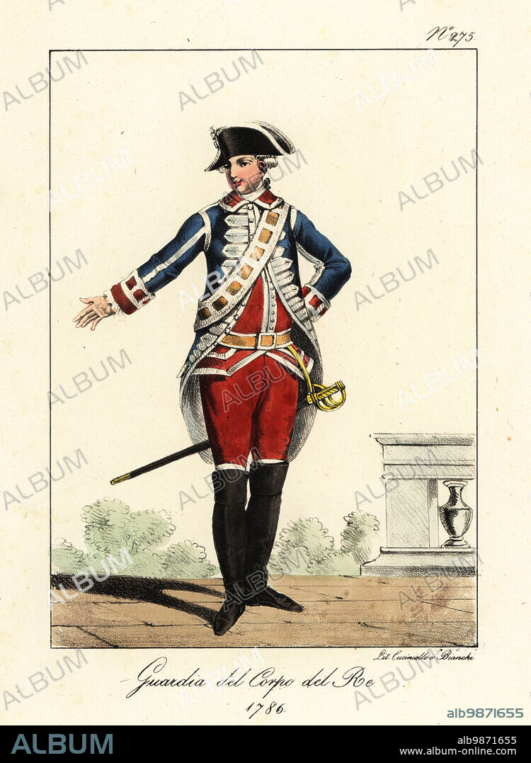 Uniform of a soldier of the Life Guards, the King of France's Household Cavalry, 1786. Dissolved in 1791. In bicorn, blue coat with frogging, red jacket and breeches, boots, with gold-hilt sword. Garde du Corps du Roi. Handcoloured lithograph by Lorenzo Bianchi and Domenico Cuciniello after Hippolyte Lecomte from Costumi civili e militari della monarchia francese dal 1200 al 1820, Naples, 1825. Italian edition of Lecomtes Civilian and military costumes of the French monarchy from 1200 to 1820.