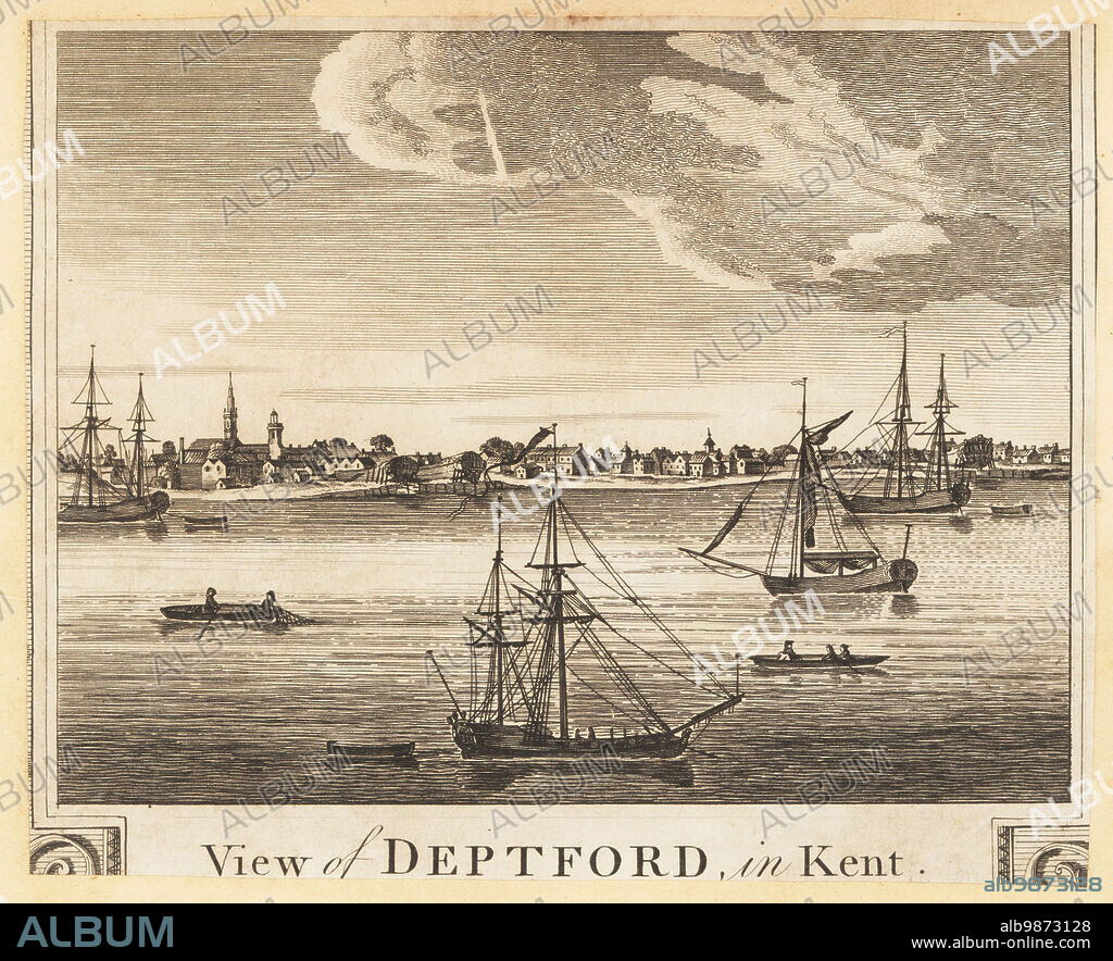 View of Deptford on the south bank of the River Thames, Kent, 1784. Shipbuilding shore with several large wooden hulls, church towers including St. Nicholas Church, sailing boats, barges and ferry boats on the river. Copperplate ngraving by John Taylor from William Thorntons New History and Survey of London, published by Alexander Hogg at the Kings Arms, 16 Paternoster Row, London, 1784.