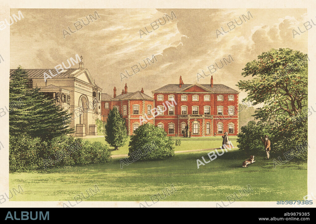 Everingham Hall, Yorkshire, England. Georgian house in red brick built between 1757 and 1764 by architect John Carr for Lord Herries. With Roman Catholic chapel designed after the Maison Quarree in Nismes, Languedoc. Colour woodblock by Benjamin Fawcett in the Baxter process of an illustration by Alexander Francis Lydon from Reverend Francis Orpen Morriss Picturesque Views of the Seats of Noblemen and Gentlemen of Great Britain and Ireland, William Mackenzie, London, 1880.