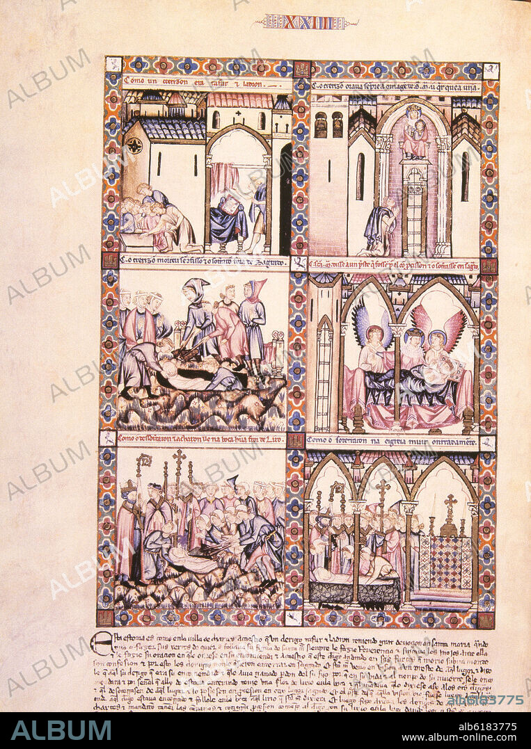 ALFONSO X DE CASTILLA EL SABIO. MTI1 - CANTIGA DE SANTA MARIA Nº 24 - F36V - NACE UNA FLOR DEL CADAVER DEL CLERIGO DE CHARTRES QUE LOABA A LA VIRGEN - SIGLO XIII.