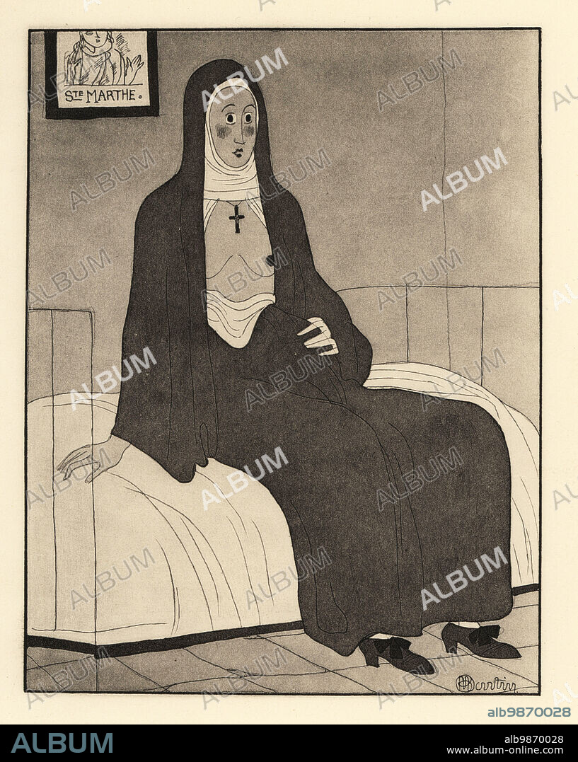 Pregnant nun Sister Jean sitting in her convent cell, her habit open to reveal her breasts. A picture of Saint Martha on the wall. Soeur Jeanne. Lithograph after an illustration by Charles Martin from Jean de la Fontaines Contes et Nouvelles en Vers, Tales and Novellas in Verse, Libraire de France, Paris, 1930.