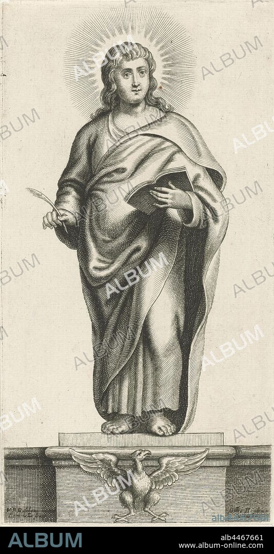 Evangelist Johannes Four evangelists (series title), John the evangelist, writing in a book. The base on which the evangelist stands is decorated with an eagle. The print is part of a four-part series with representations of the four evangelists, the apostle John the Evangelist, possible attributes: book, cauldron, chalet with snake, eagle, palm, scroll, Adriaen Lommelin (mentioned on object), Antwerp, 1630 - 1677, paper, engraving, h 255 mm × w 132 mm.