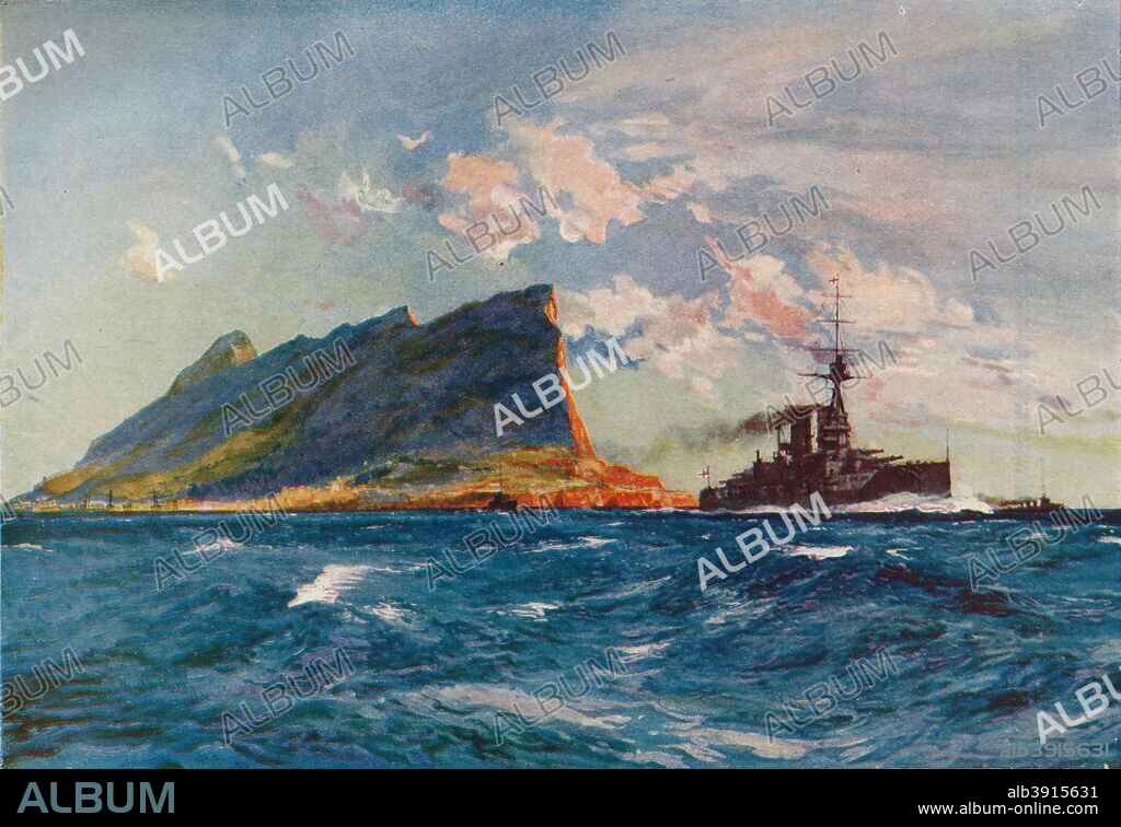 'The Queen Elizabeth off Gibraltar', c1918 (1919). HMS 'Queen Elizabeth' was a British battleship launched in 1913. From The Wonder Book of the Navy for Boys and Girls, by Harry Golding. [Ward, Lock & Co., Limited, London, Melbourne and Toronto, 1919].