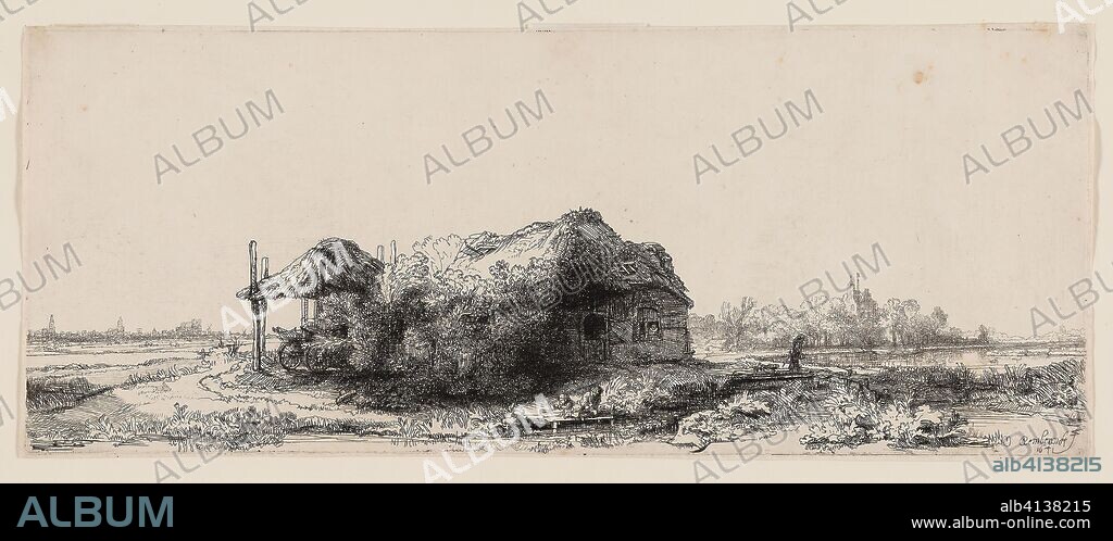 REMBRANDT HARMENSZOON VAN RIJN. Landscape with Cottages and a Hay Barn: Oblong. Rembrandt van Rijn; Dutch, 1606-1669. Date: 1640-1641. Dimensions: 132 x 324 mm (sheet); 130 x 322 mm (plate). Etching on off-white laid paper. Origin: Holland.