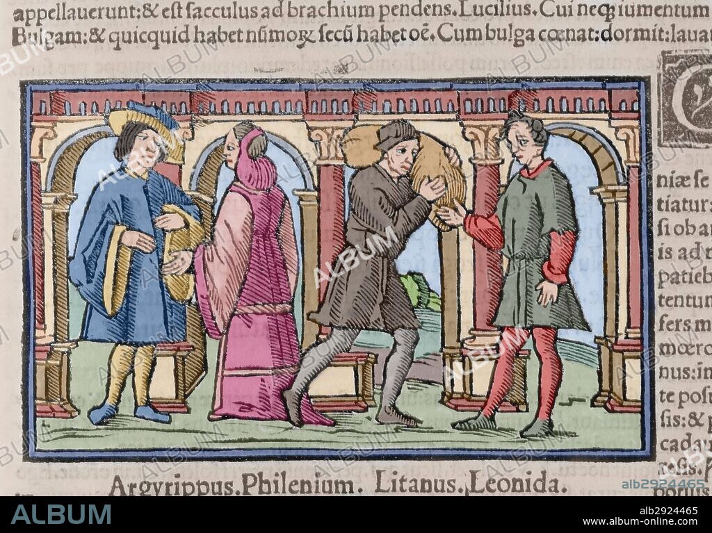 LITERATURA LATINA. SIGLOS III-II a. C. PLAUTO, Tito Maccio (Sarsina, 255 a. C. -Roma, 185 a. C.). Comediógrafo latino. "ASINARIA". Grabado coloreado de una escena del acto III, con los personajes principales ARGYPPUS, PHILENIUM, LITANUS y LEONITAS. Edición del año 1518.
